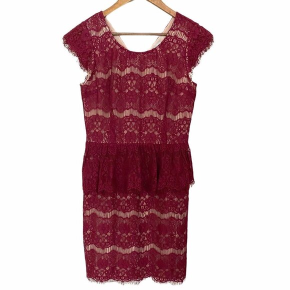 Maeve Anthropologie Women's Red Lace Peplum Cap Sleeve Cocktail Dress Size Small - Picture 2 of 11